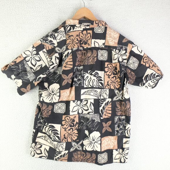 RJC Hawaiian Shirt Mens Large Black Brown Floral Geometric Button Up Cotton Camp - Picture 3 of 7